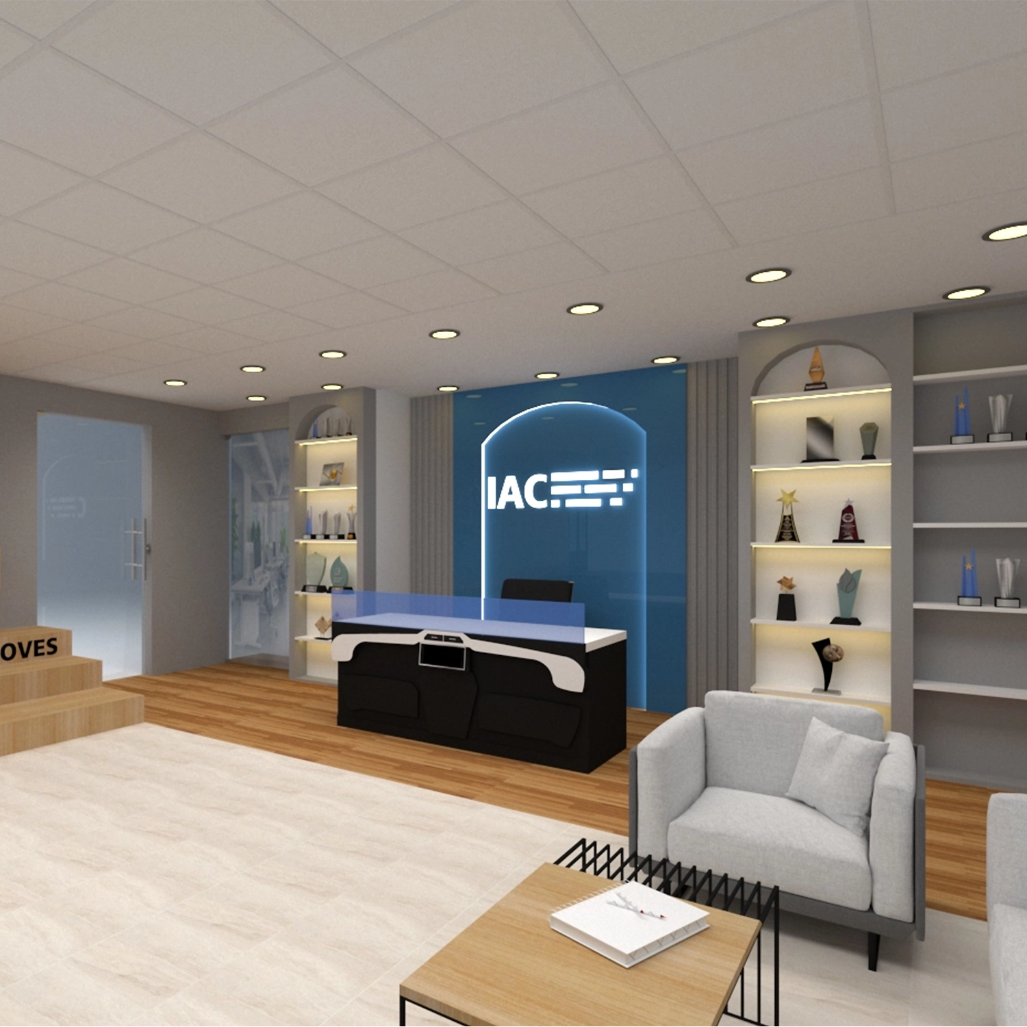 Modern office interior design for IAC in Nashik featuring workstations and modern decor.