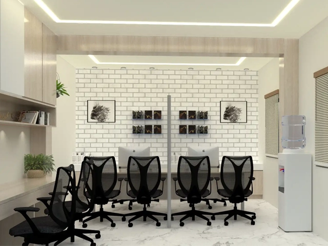 Efficient corporate office interiors designed for safety & functionality at Mahindra & Mahindra Office